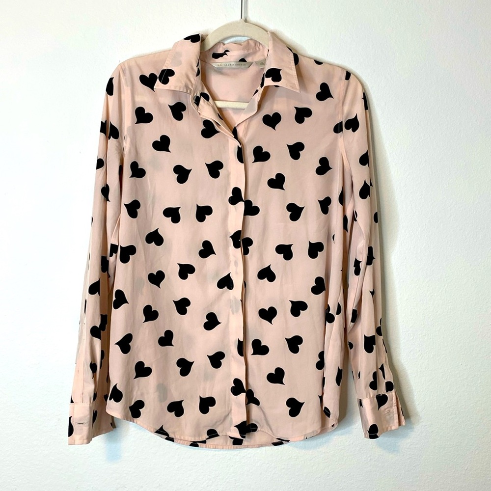 Lauren Conrad Blush Heart Button Down Long Sleeve Shirt Size Small